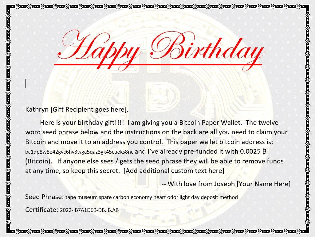 A sample bitcoin gift certificate from the kit
